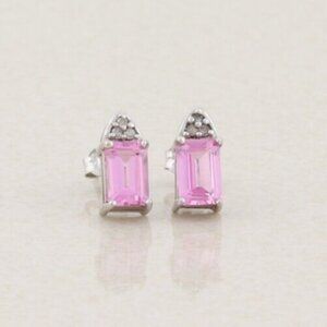 10k White Gold Lab Created Pink Sapphire & Diamond Earrings Stud Post